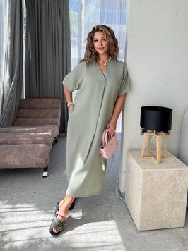 Жіноча лляна сукня oversize міді з V-подібним вирізом 1031 фото