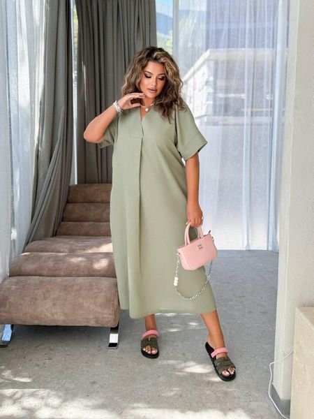 Жіноча лляна сукня oversize міді з V-подібним вирізом 1031 фото