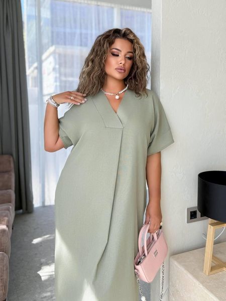 Жіноча лляна сукня oversize міді з V-подібним вирізом 1031 фото